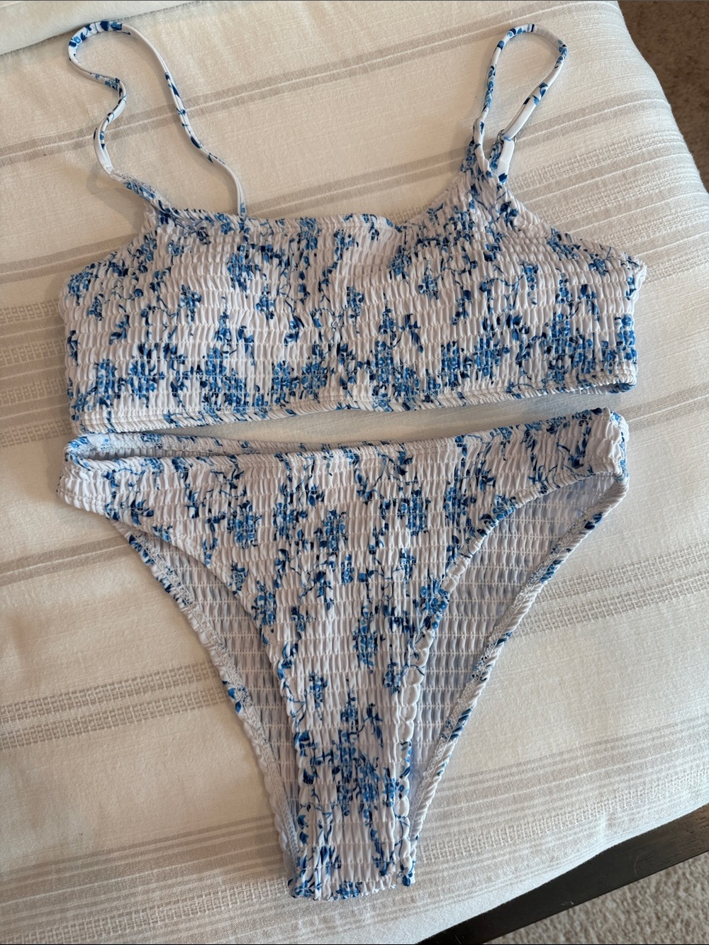 Smocked Two-Piece Bikini Set in White and Blue